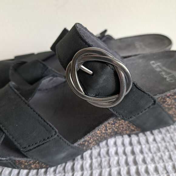 Dansko Black Wedge Sandals with Silver Buckle - Picture 3 of 16